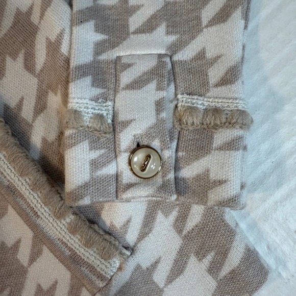 Houndstooth Knit Lady Jacket Rachel Zoe XS Fringed Trim Collared gold Button NEW - Picture 15 of 16